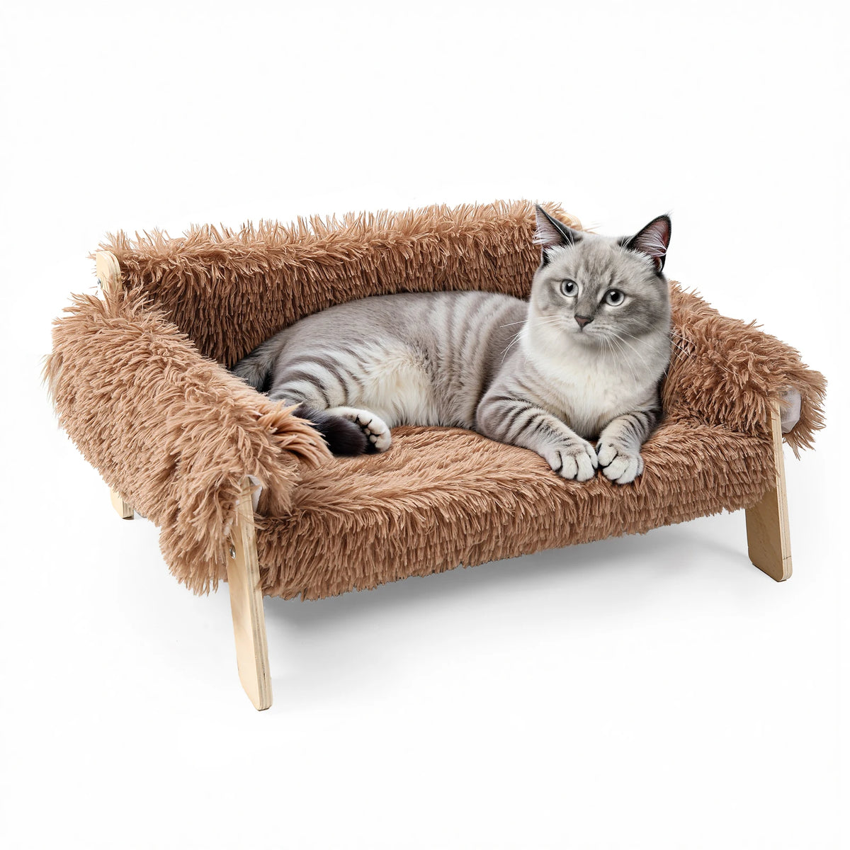Plush raised cat couch in warm brown with a grey cat lying on it