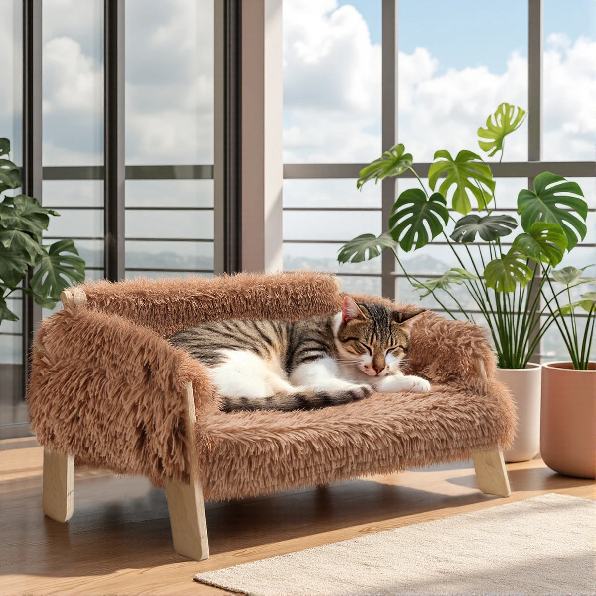Tabby cat sleeping on the raised cat couch by a sunny window